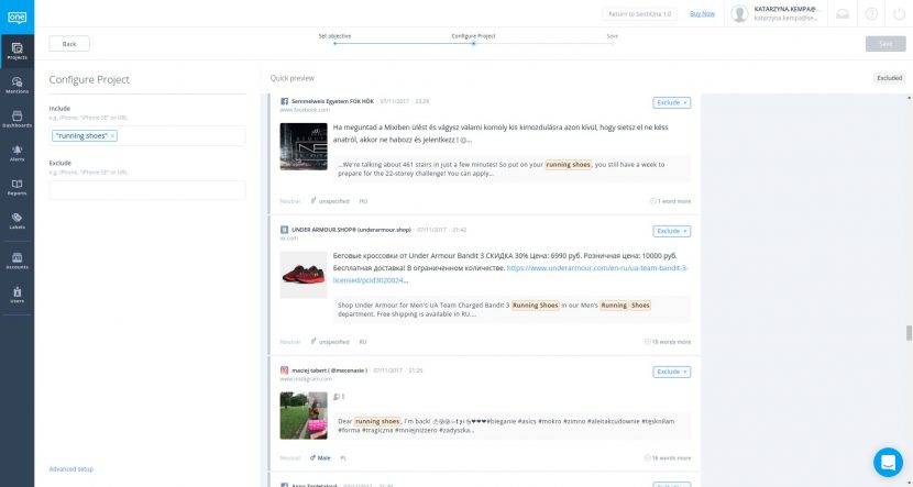 Create social media monitoring project in SentiOne tool