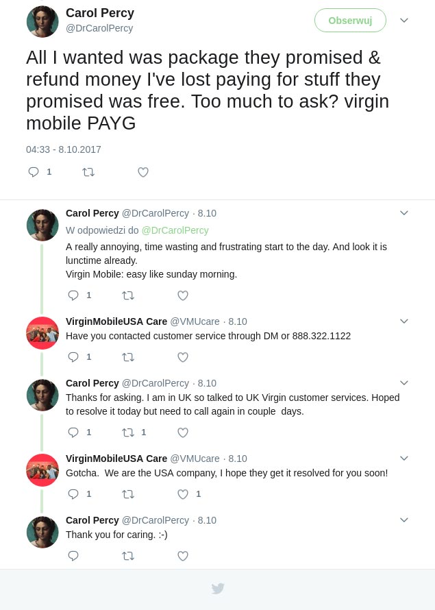 Social customer care Virgin Mobile US UK confusion example