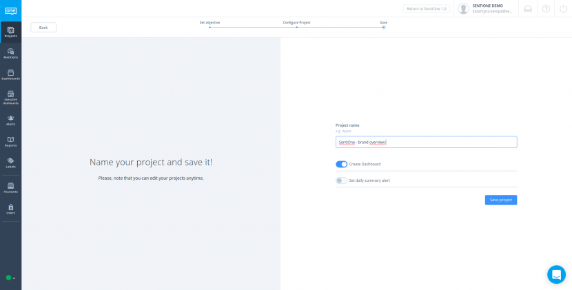Márkakövetési projekt mentése a SentiOne alkalmazásban