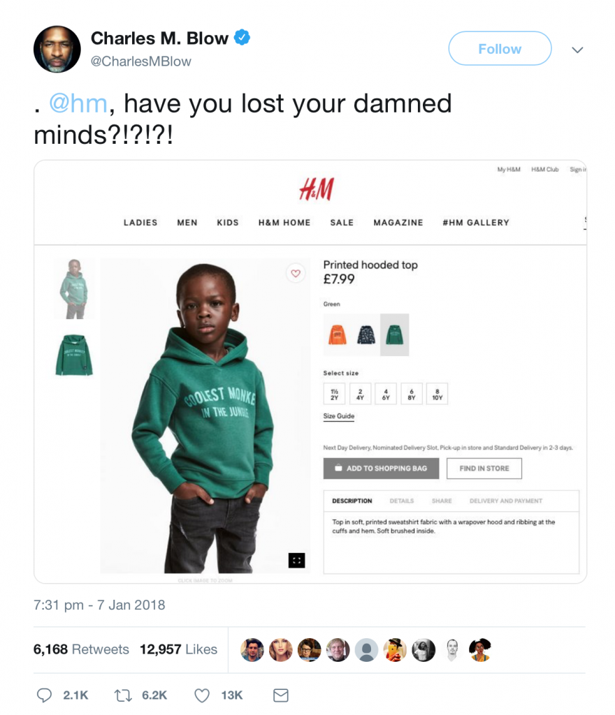 Charles M. Blow tweet to H&M ". @hm, have you lost your damned minds?!?!?!" as a reaction to H&M "Coolest monkey in the jungle" hoodie social media crisis