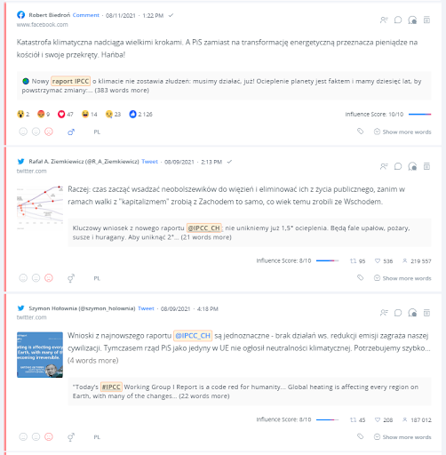Część negatywnych wzmianek to frustracja na temat sytuacji klimatycznej, część - podważanie faktu zmian klimatycznych w ogóle.
